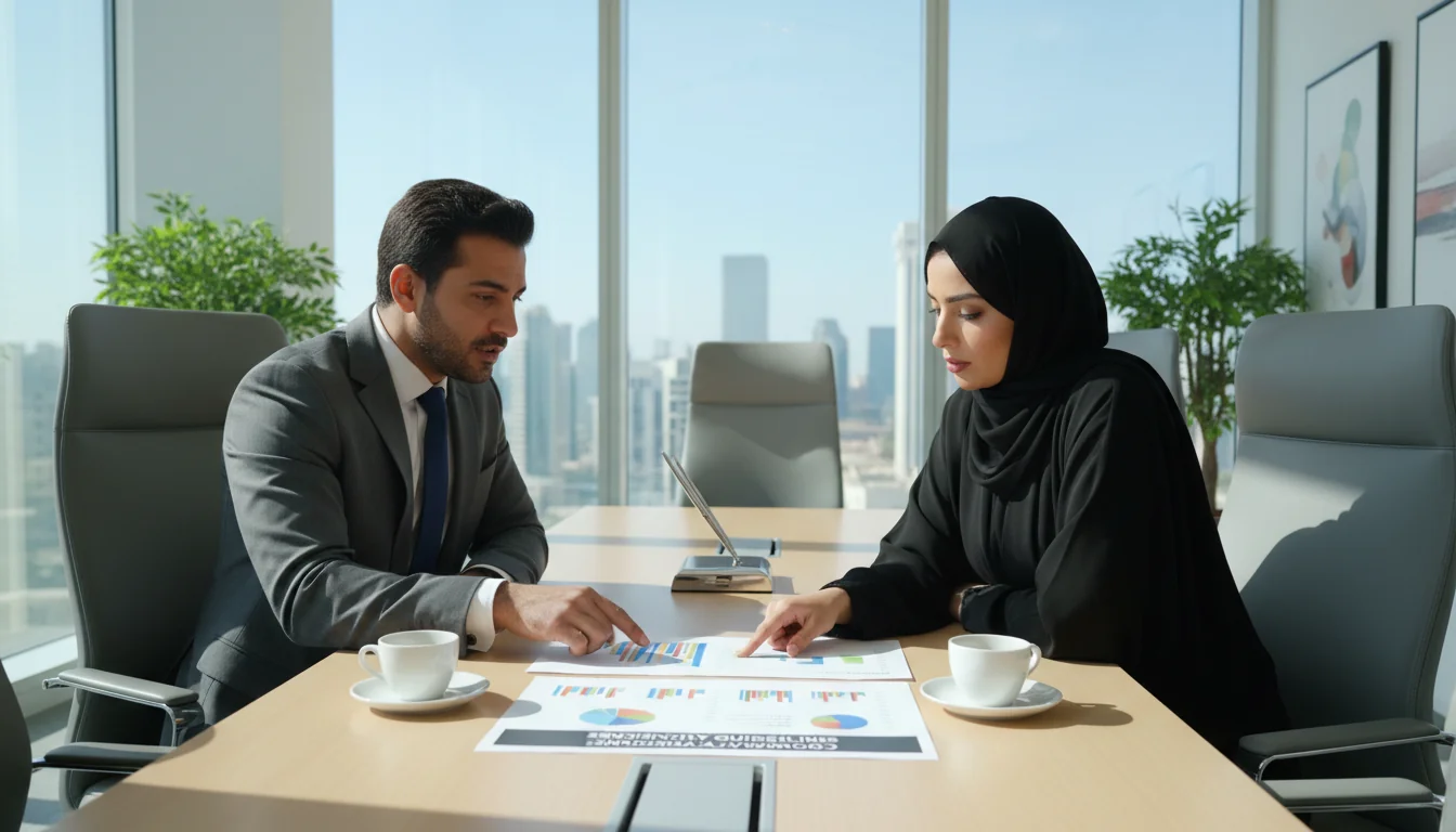 Business meeting reviewing Saudi guidelines