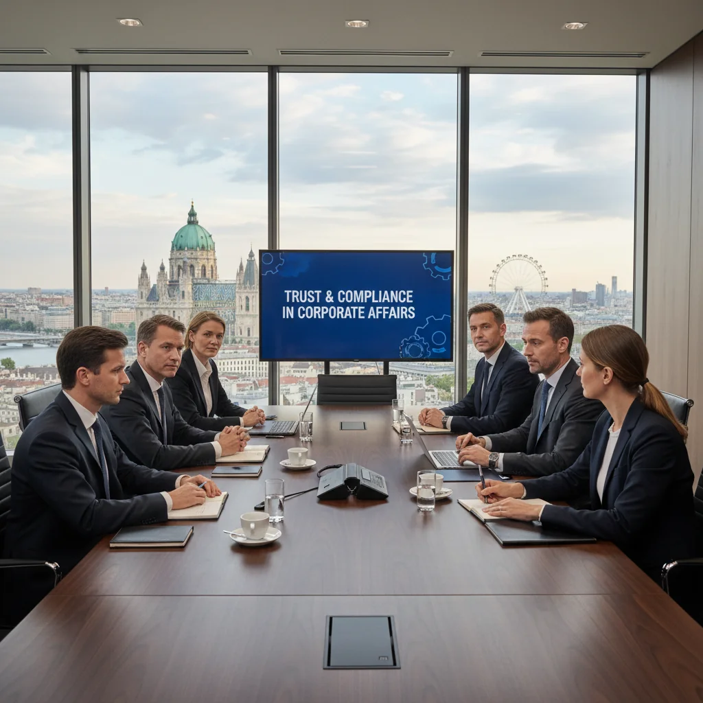 A photorealistic image of a professional business meeting in a modern Austrian corporate office, symbolizing the guidelines and policies outlined in corporate documents, with adults in business attire discussing around a conference table, no children present.