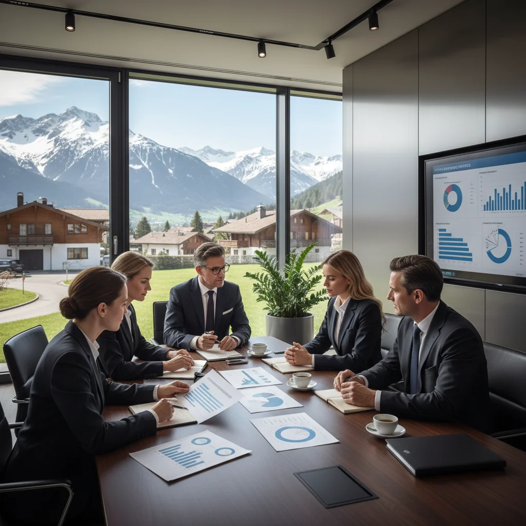 A photorealistic image of a professional business meeting in a modern Swiss office, with adults in suits discussing corporate policies around a conference table, overlooking the Swiss Alps through large windows, symbolizing structured corporate governance and compliance in Switzerland.