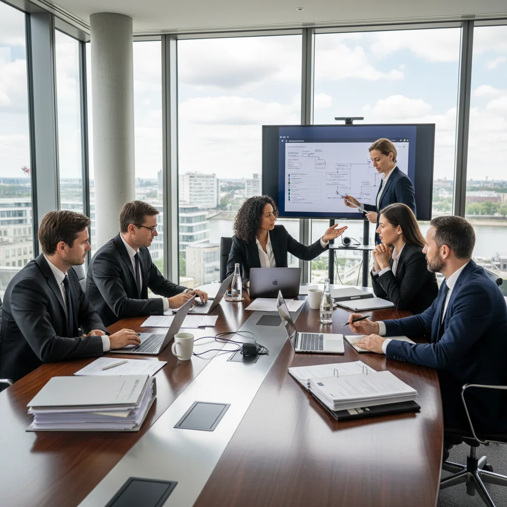 A photorealistic image of a professional business meeting in a modern German corporate office, with adults in business attire discussing terms and conditions around a conference table, symbolizing the importance of usage terms in corporate documents, no children present.