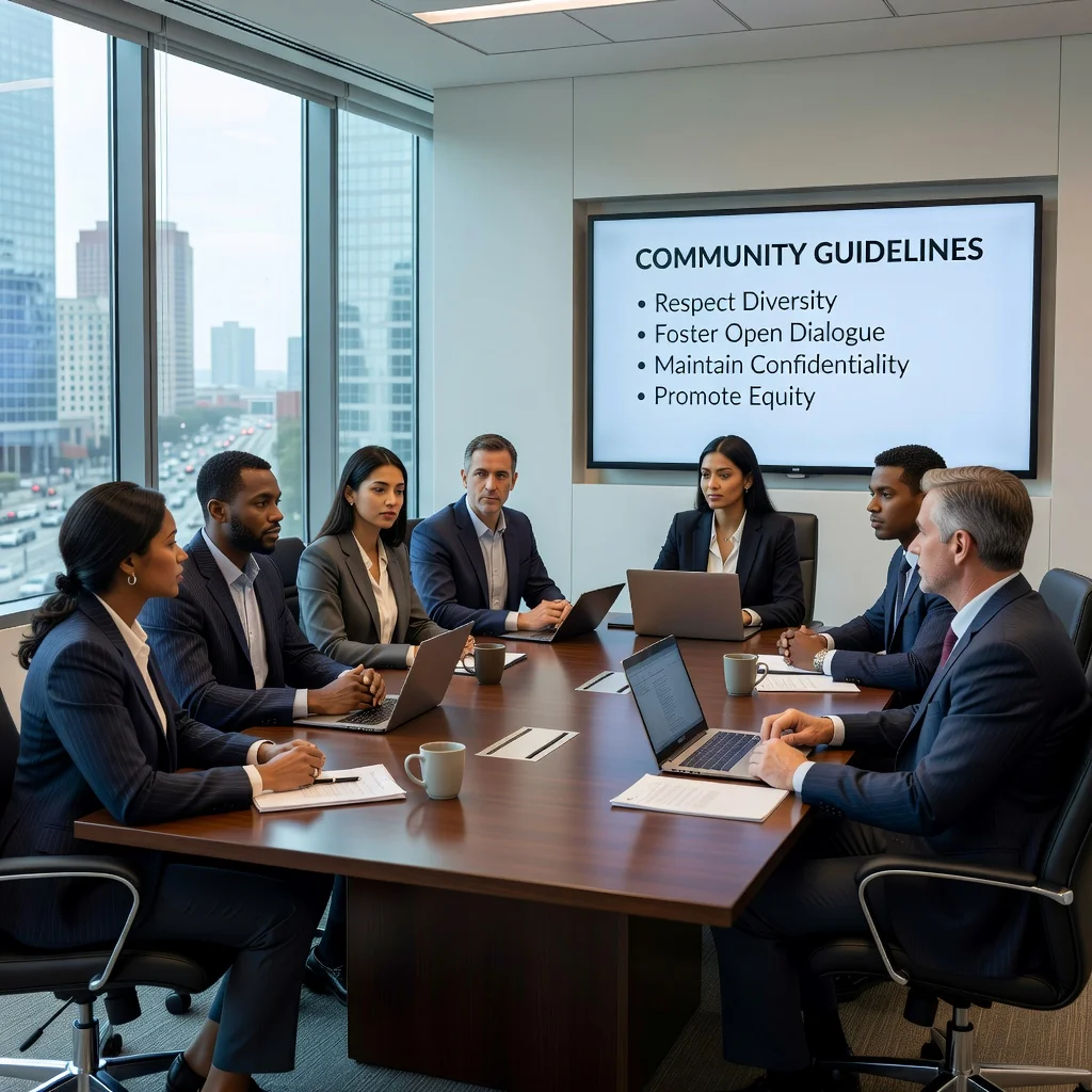 A photorealistic image of a diverse group of adults in a modern conference room, engaged in a collaborative meeting, reviewing guidelines on a large screen, symbolizing community standards and corporate compliance in a professional US business setting. No children are present.