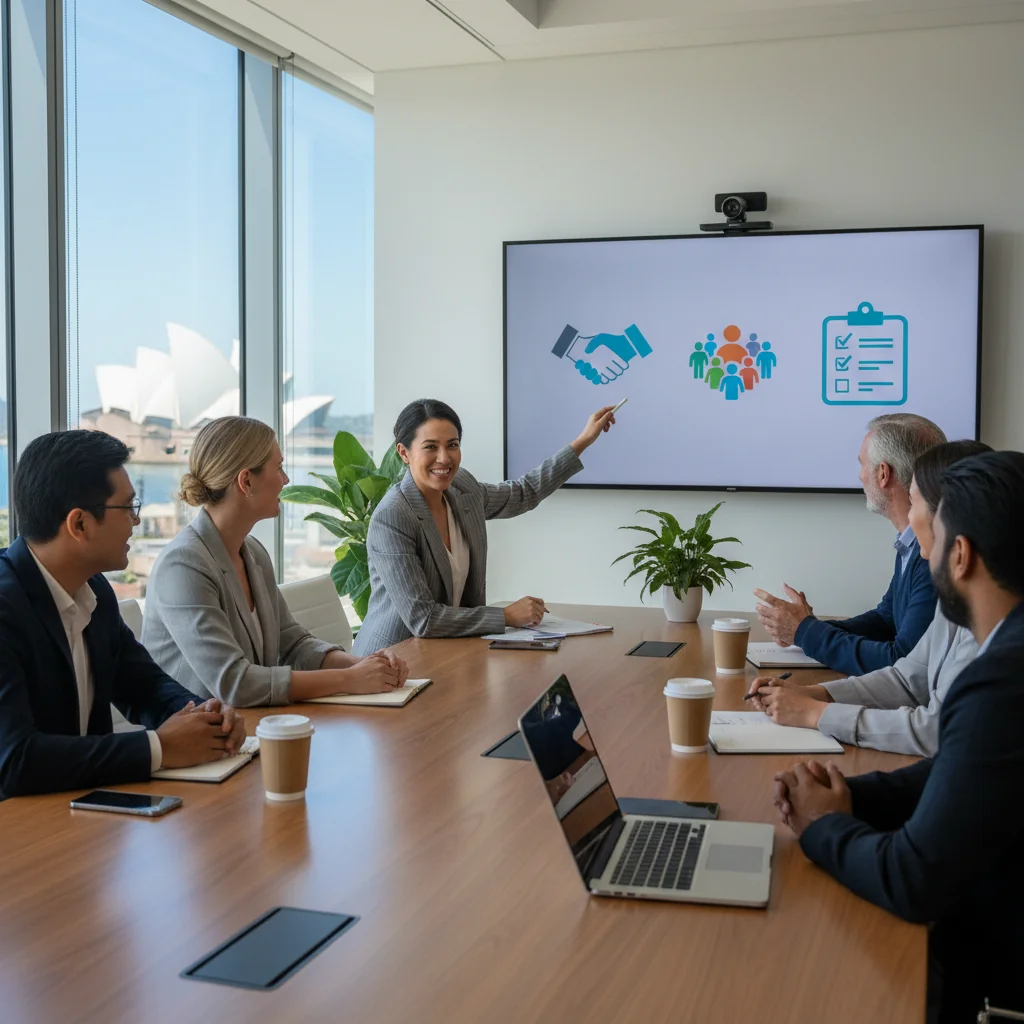 A photorealistic image depicting a diverse group of adults in a modern Australian corporate office, engaged in a collaborative meeting around a conference table, symbolizing community guidelines and ethical business practices. The scene includes professionals reviewing guidelines on a shared screen, with Australian elements like a flag or Sydney skyline in the background, conveying trust, compliance, and community in a corporate setting.