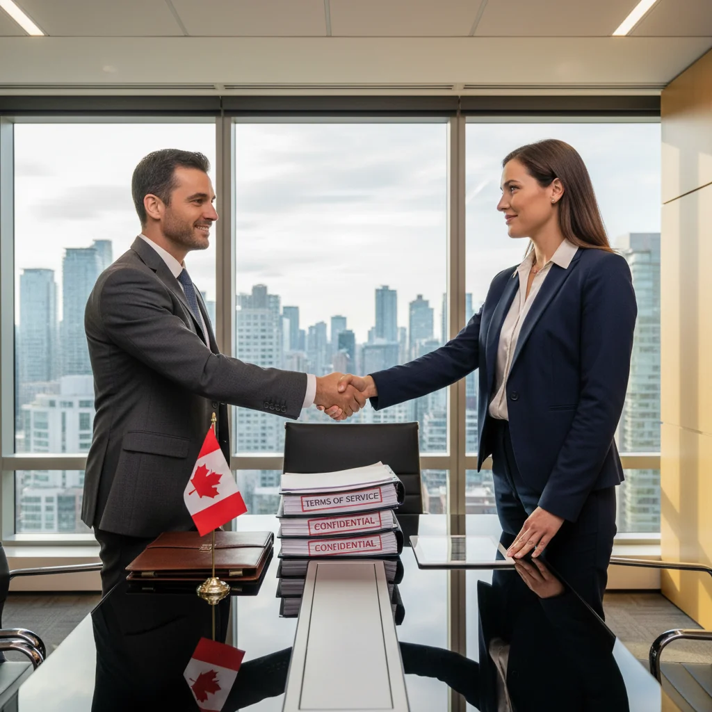 A photorealistic image of two professional adults in a modern Canadian office setting, shaking hands over a conference table with a subtle Canadian flag in the background, symbolizing agreement and legal compliance in business terms of service, no children present.