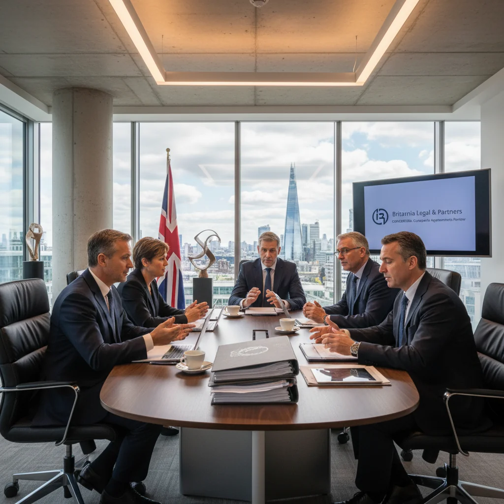 A photorealistic image of a professional business meeting in a modern UK office, with diverse adults discussing legal agreements around a conference table, symbolizing the importance of terms of service in corporate dealings.