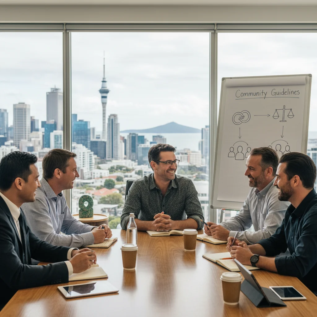 A photorealistic image of a diverse group of professionals in a modern New Zealand office setting, engaged in a collaborative meeting discussing community guidelines, with elements like a whiteboard showing icons of community harmony, inclusivity, and ethical practices, evoking trust and cooperation in a corporate environment. No children are present.