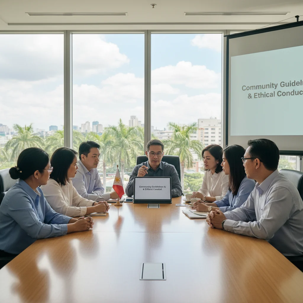 A photorealistic image of a diverse group of professionals in a modern Philippine office setting, gathered around a conference table, engaged in a collaborative discussion about community guidelines, with elements like a Philippine flag in the background and tropical plants, symbolizing ethical corporate practices and community harmony in a business context.