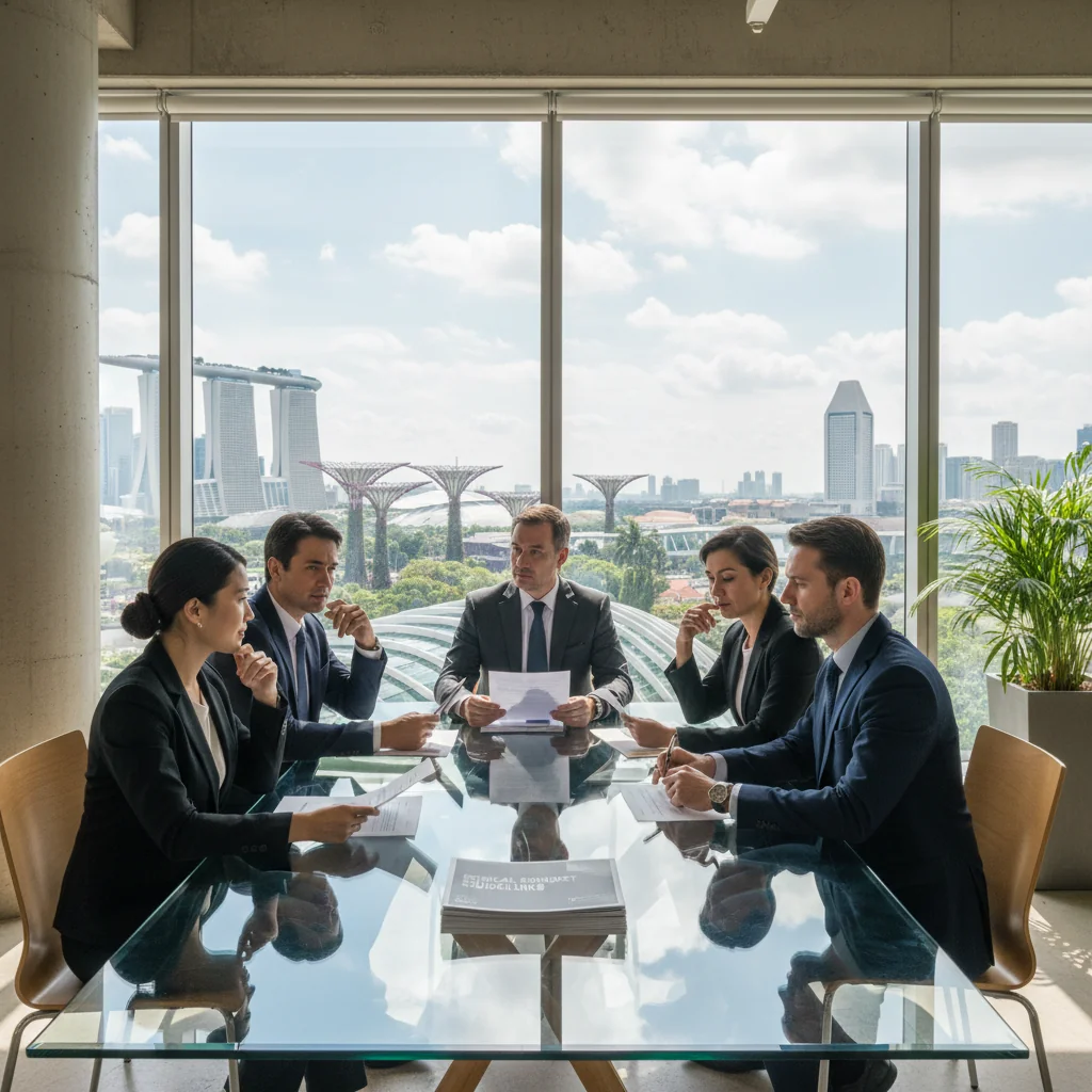 A photorealistic image of a diverse group of professionals in a modern Singapore office setting, engaging in a collaborative meeting around a conference table, symbolizing community guidelines and corporate compliance in a business environment. The scene captures the vibrant energy of teamwork and ethical business practices in Singapore's corporate landscape.