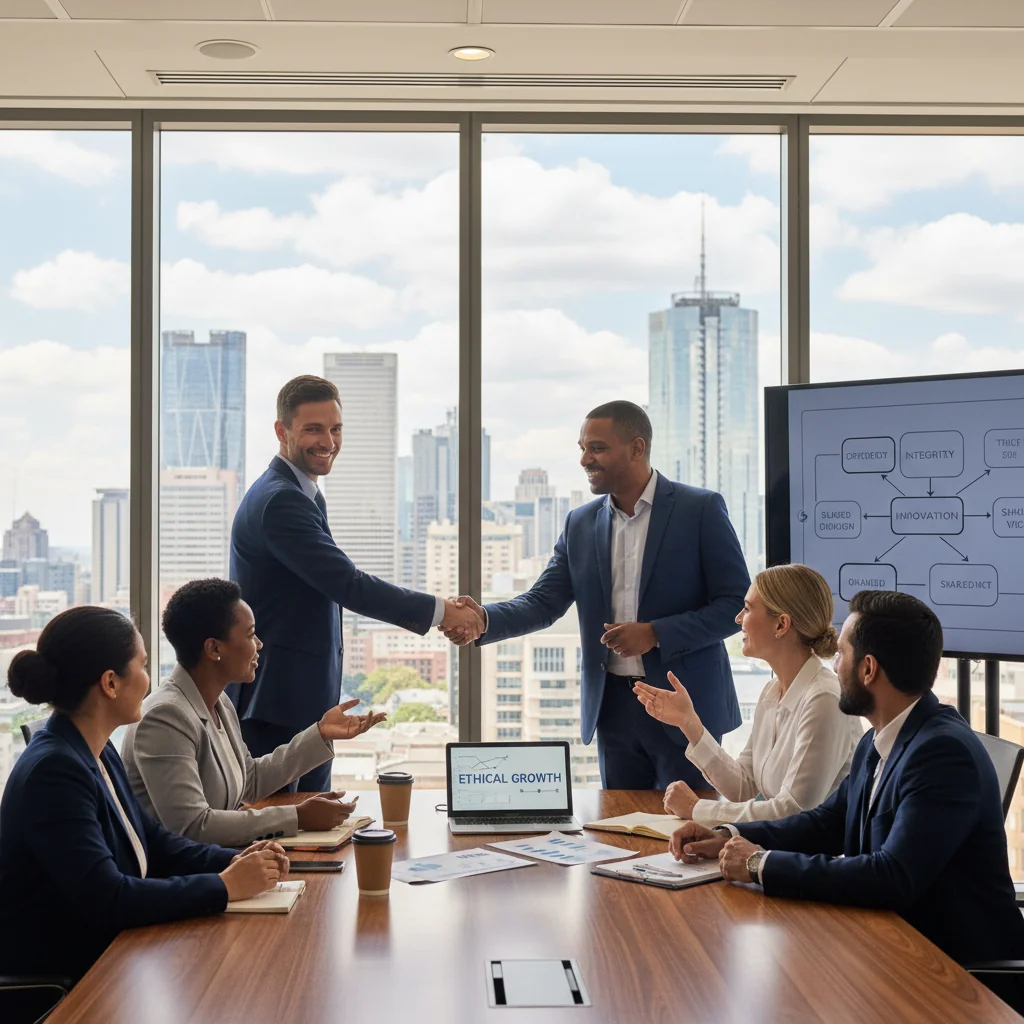 A photorealistic image of diverse professionals in a modern South African corporate office, shaking hands and collaborating around a conference table, symbolizing ethical conduct, teamwork, and compliance in a business environment. The scene conveys trust, professionalism, and inclusivity without focusing on any documents.