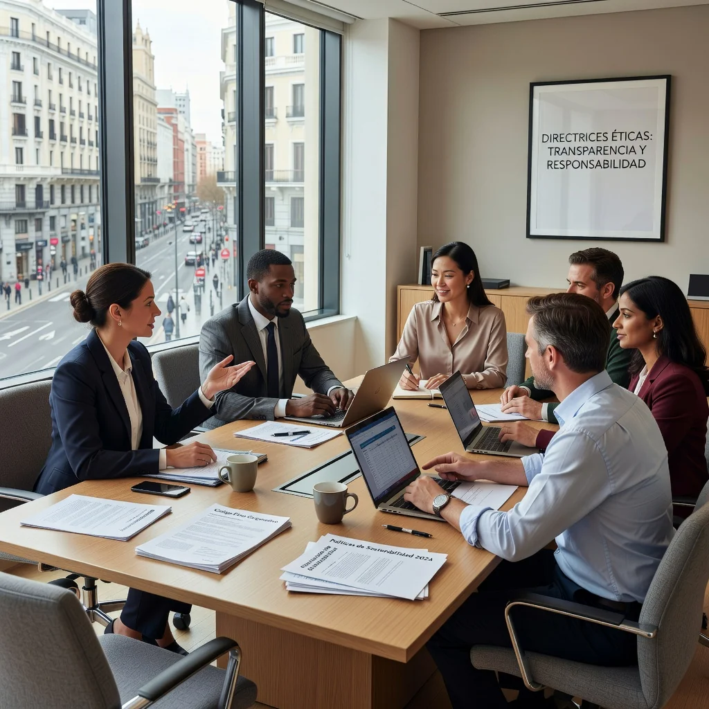 A photorealistic image of a diverse group of professional adults in a modern Spanish corporate office setting, engaged in a collaborative business meeting around a conference table, symbolizing community guidelines and ethical standards in corporate documents, with elements like a Spanish flag in the background to evoke Spain, no children present.