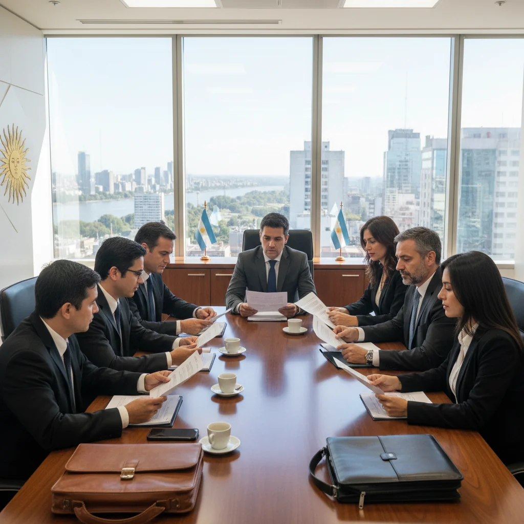 A photorealistic image of a professional business meeting in a modern corporate office in Argentina, with diverse adults discussing documents around a conference table, symbolizing community norms and guidelines in corporate settings.