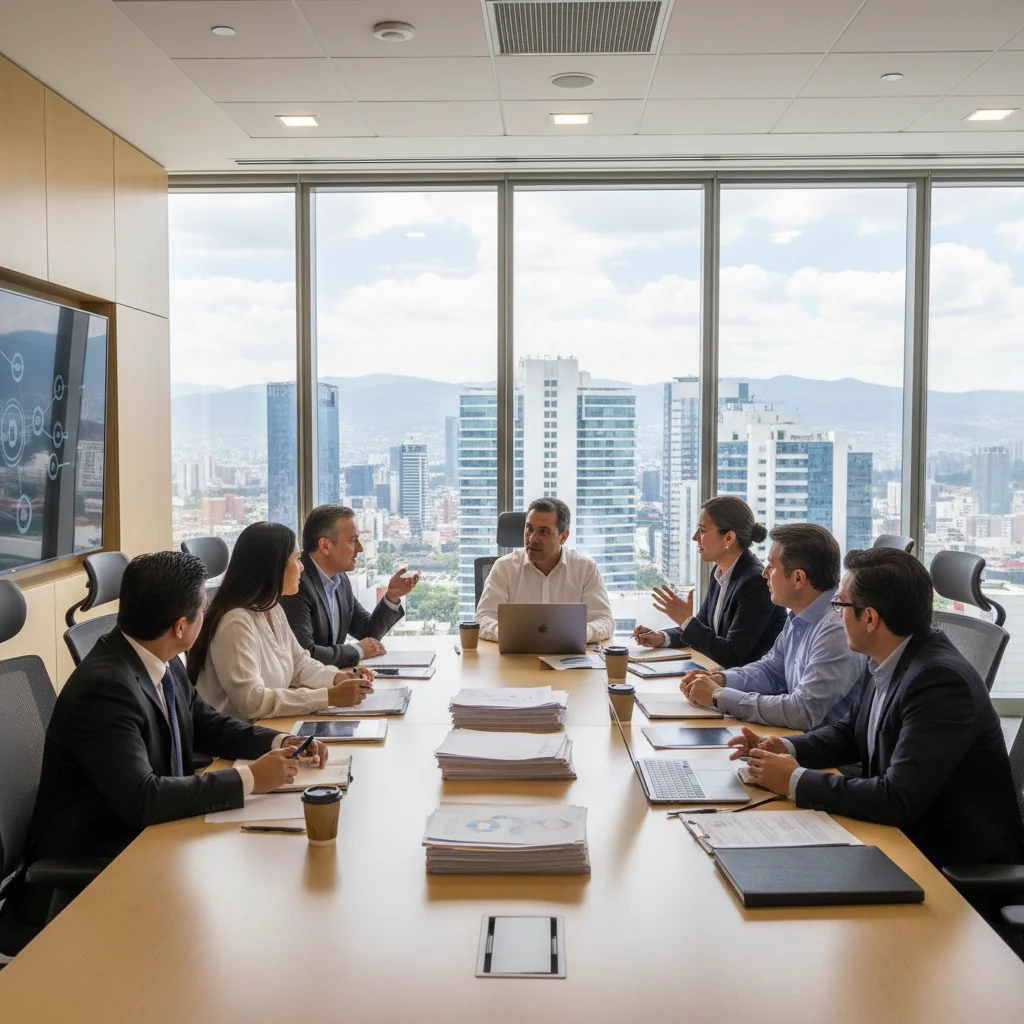 A professional corporate office scene in Mexico, featuring diverse adult business professionals in a modern meeting room, reviewing documents and discussing business strategies, with subtle Mexican cultural elements like a flag or traditional decor in the background, emphasizing community standards and corporate compliance.