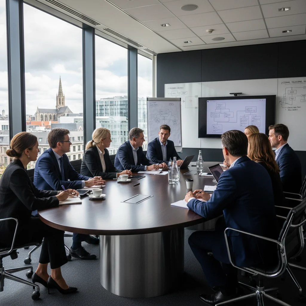 A photorealistic image of a professional business meeting in a modern Belgian corporate office, with adults in business attire discussing internal regulations around a conference table, evoking organization and compliance in a corporate setting.