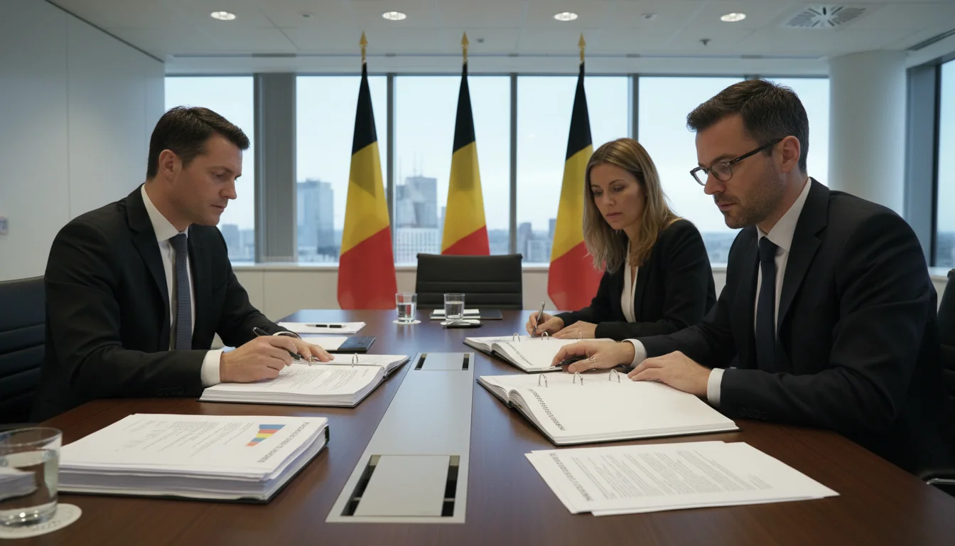 Belgian office workers reviewing corporate rules