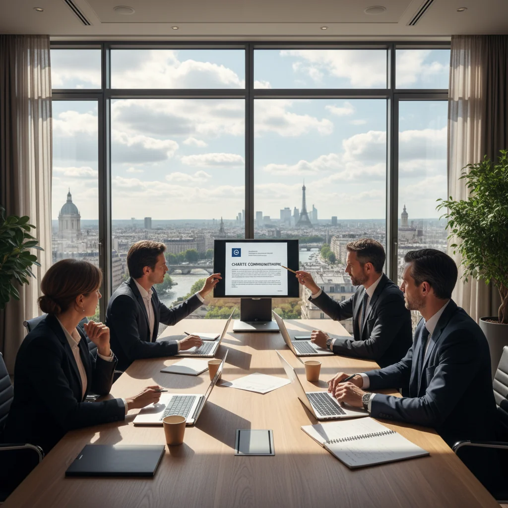 A photorealistic image depicting a professional corporate meeting in a modern French office, with diverse adult business professionals discussing community guidelines around a conference table, symbolizing collaboration and corporate community standards in France. No children present.
