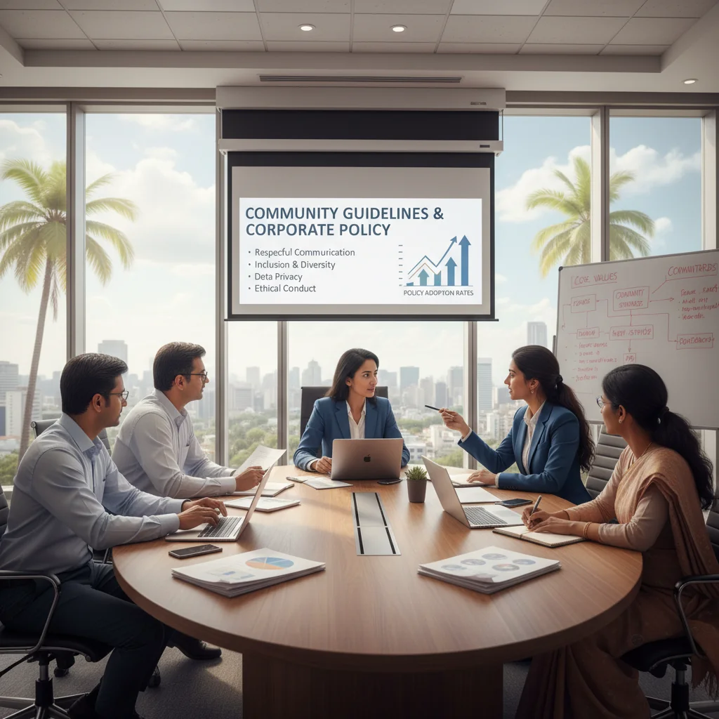 A photorealistic image of a diverse group of Indian professionals in a modern conference room, engaged in a collaborative meeting, discussing guidelines and documents on a large screen, symbolizing community and corporate policy adherence in an Indian business setting. No children are present.