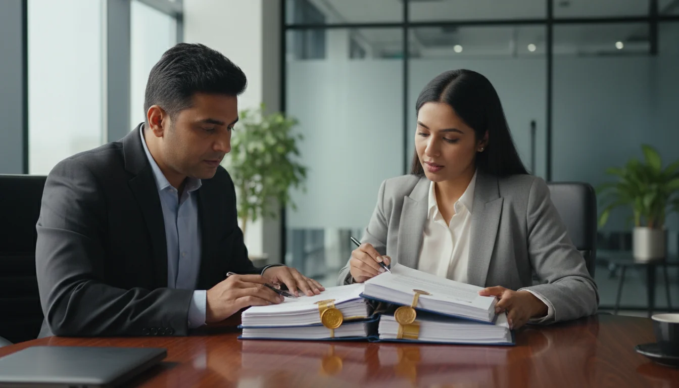 Indian corporate professionals reviewing documents
