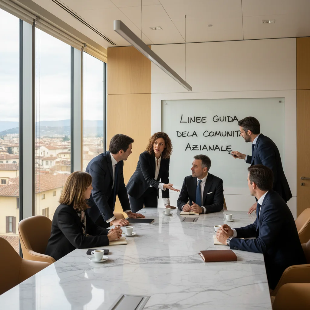 A photorealistic image of a diverse group of professional adults in a modern Italian corporate office setting, engaged in collaborative discussion around a conference table, symbolizing community guidelines and corporate policies in Italy. The atmosphere is professional and inclusive, with subtle Italian elements like a flag or architecture in the background. No children are present in the image.