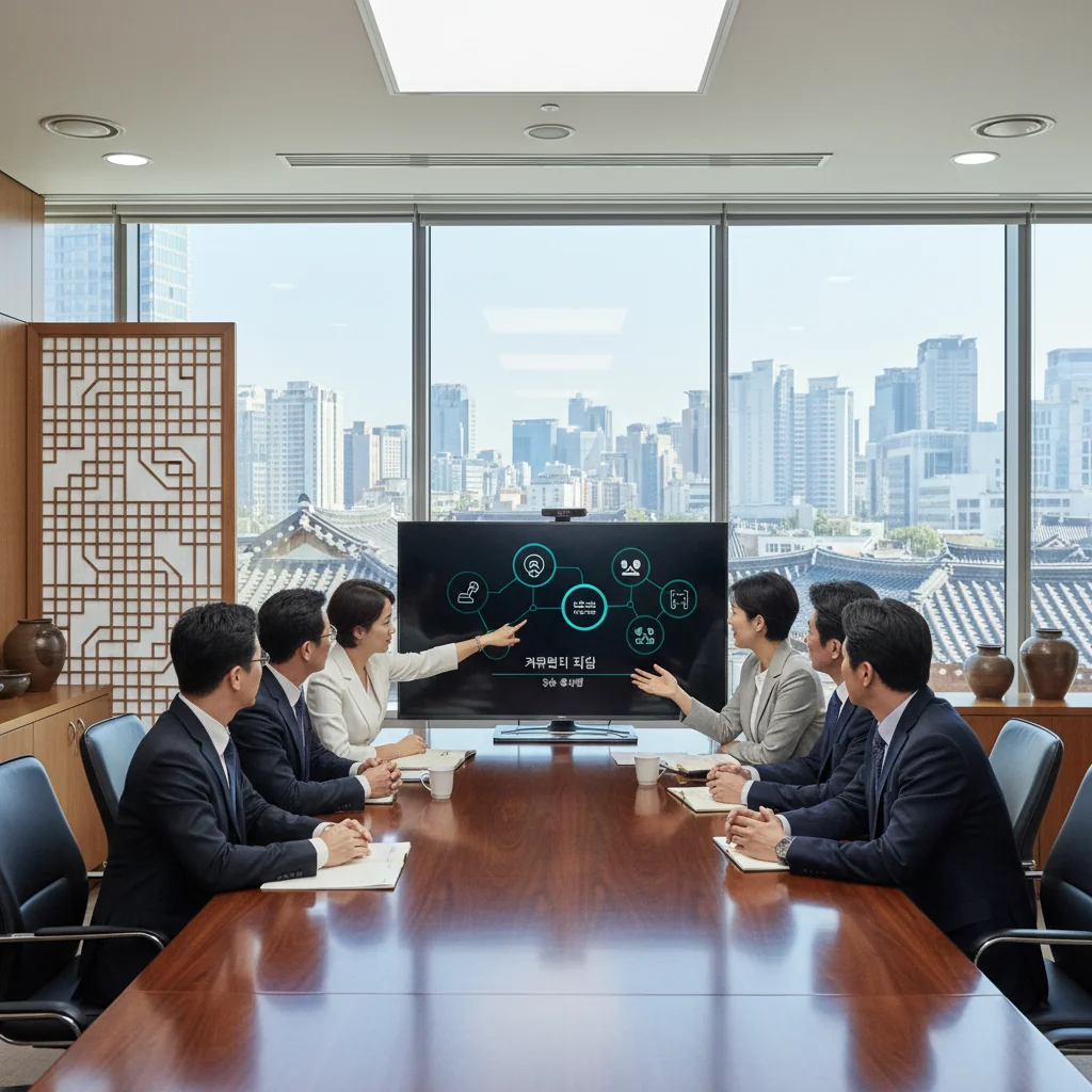 A photorealistic image of a diverse group of adult professionals in a modern South Korean corporate office, gathered around a conference table, reviewing guidelines on a large screen, symbolizing community and compliance in business practices. The atmosphere is collaborative and professional, with elements like Seoul skyline in the background through windows, no children present.