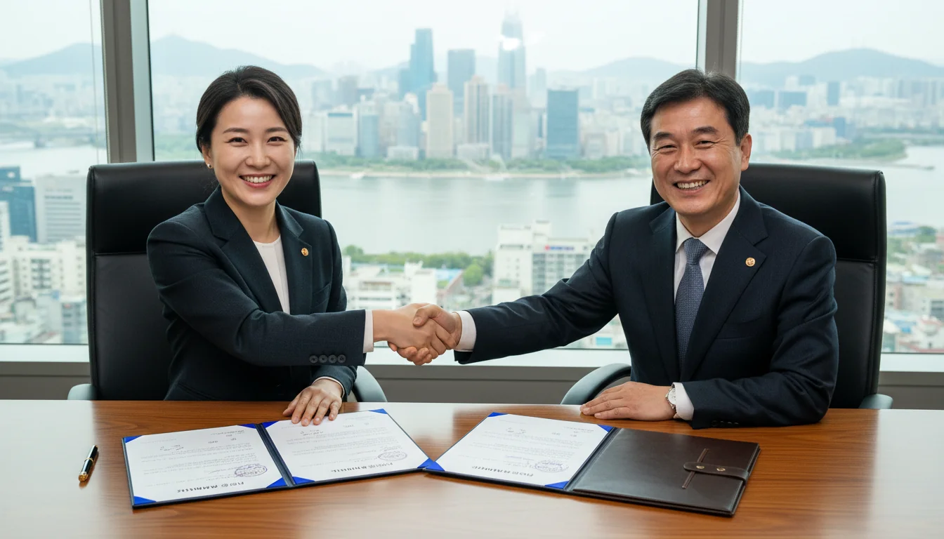 Signing business contract in Korea