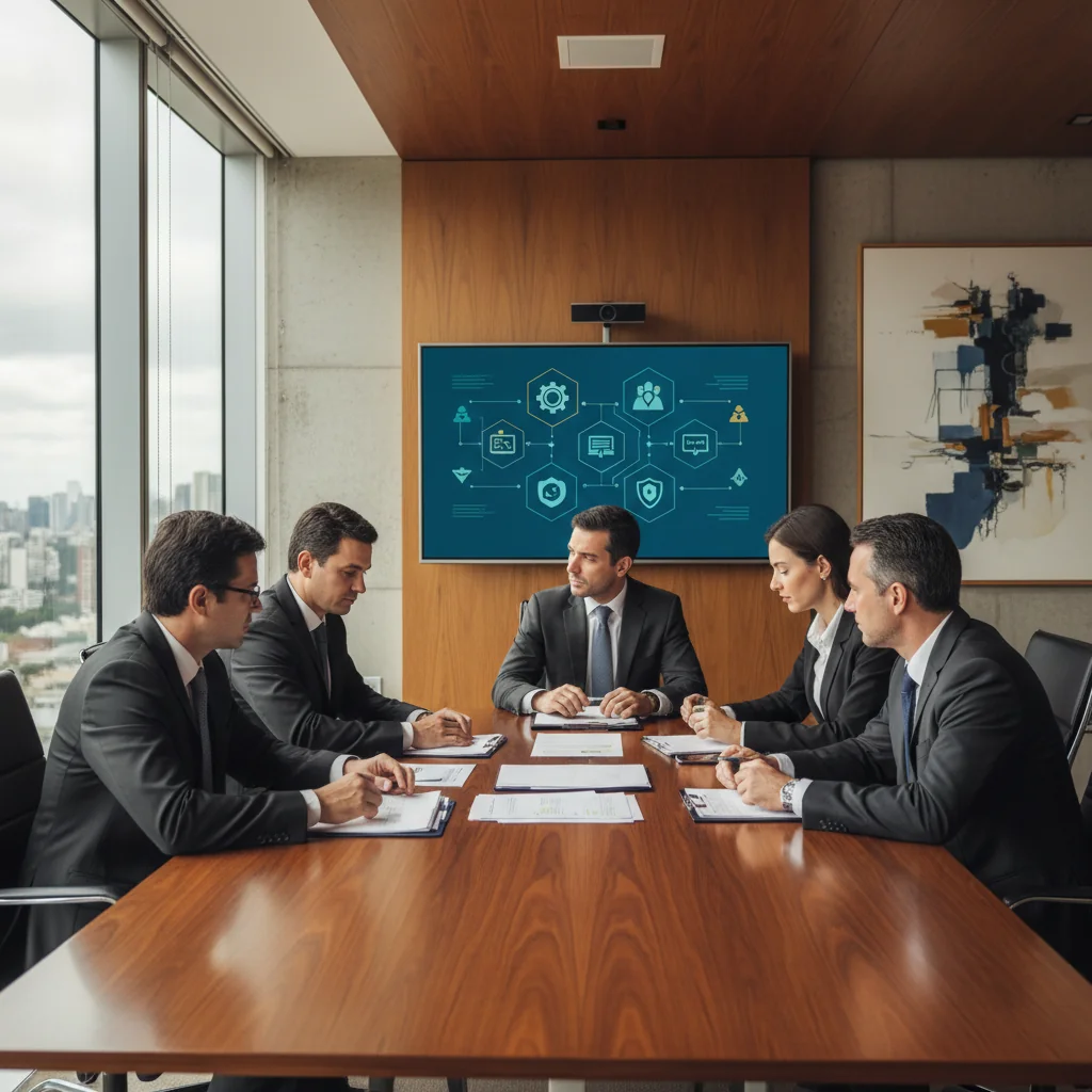 A photorealistic image of a professional business meeting in a modern Brazilian corporate office, with diverse adults reviewing guidelines on a large screen, symbolizing community standards and corporate compliance in Brazil, no children present.