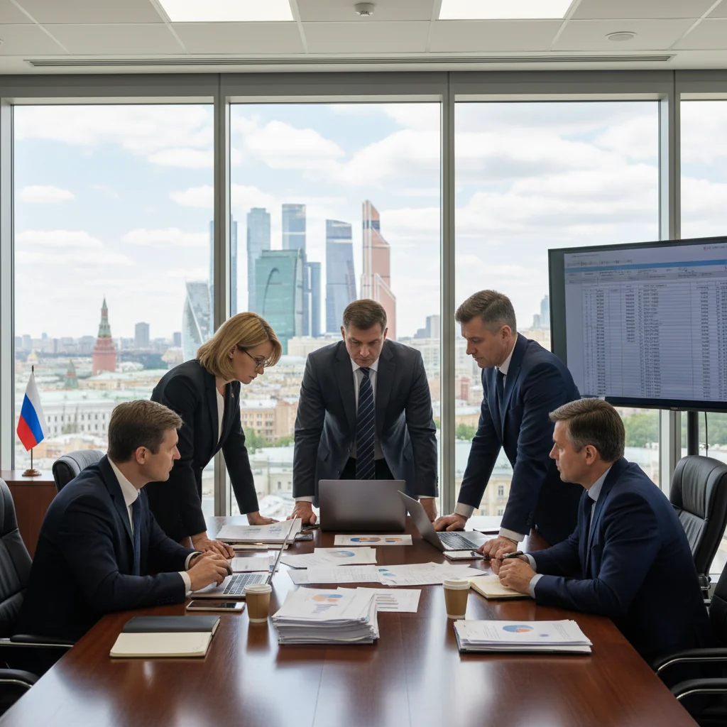 A photorealistic image of a professional business meeting in a modern Russian corporate office, with adults in business attire discussing documents around a conference table, symbolizing the rules and guidelines for using corporate documents in Russia. No children are present.