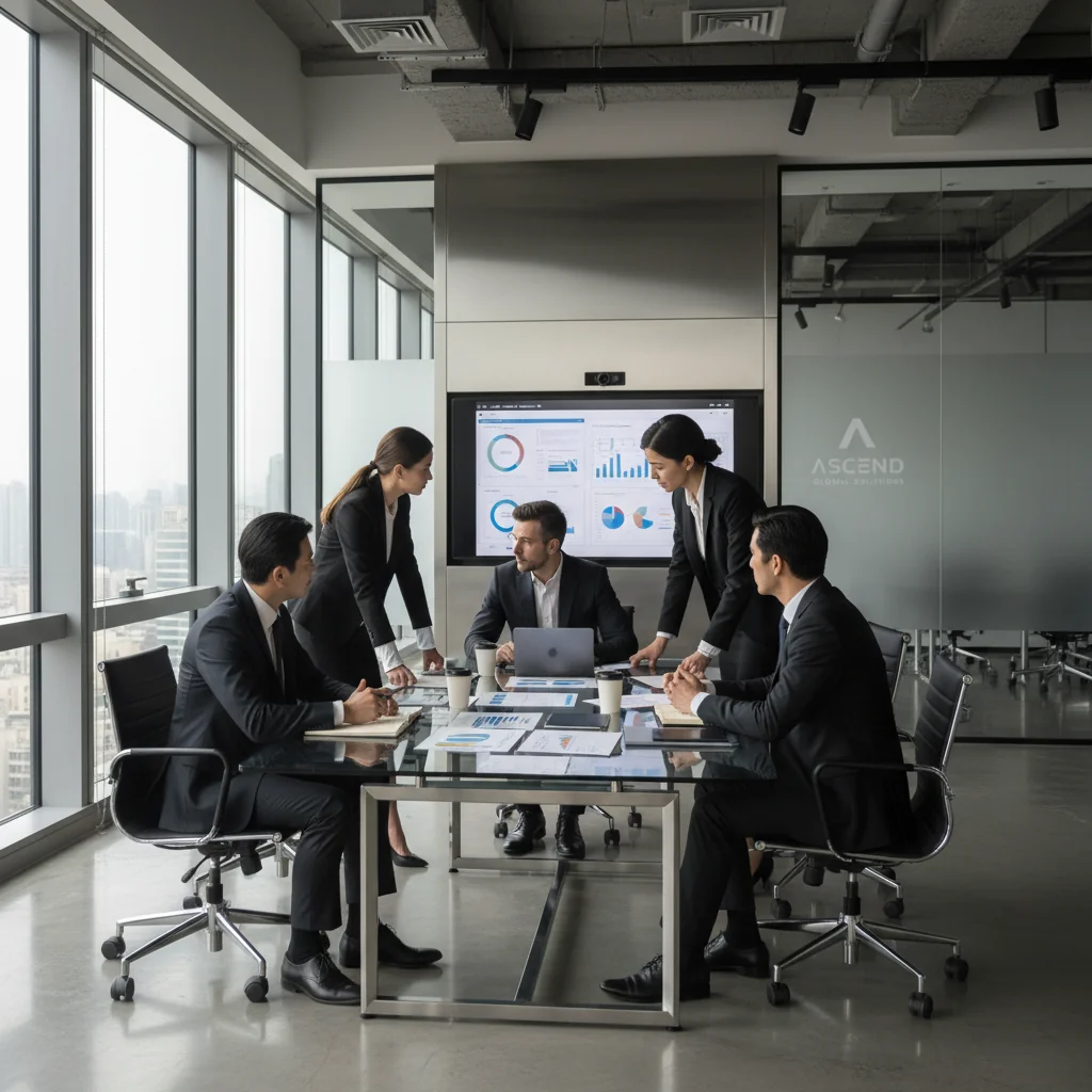 A professional business meeting in a modern Chinese corporate office, with diverse adult professionals discussing documents around a conference table, symbolizing community guidelines and corporate compliance in China, photorealistic style.