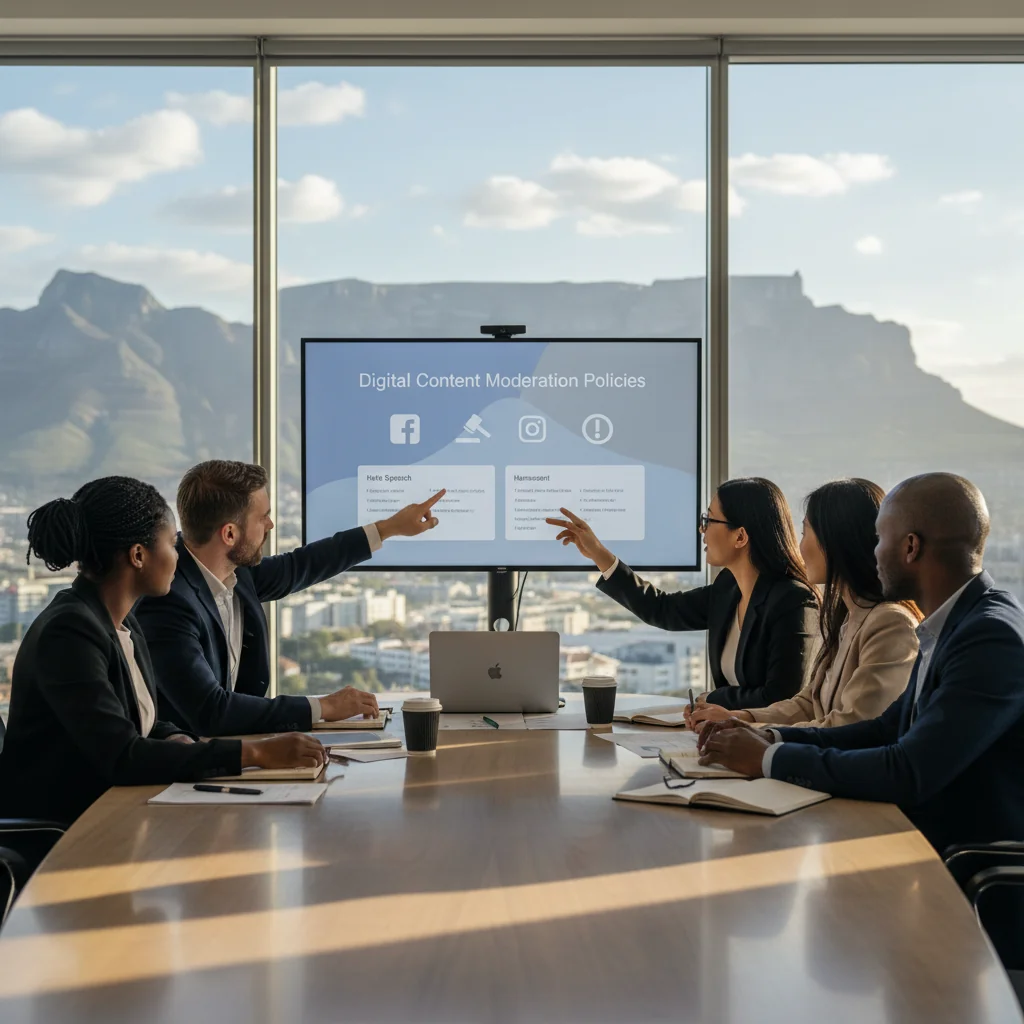 A photorealistic image depicting a diverse group of South African adults in a modern office setting, engaged in a thoughtful discussion about digital content moderation. They are reviewing guidelines on a large screen displaying abstract representations of social media icons and policy symbols, with South African landmarks subtly in the background through a window, symbolizing the nation's approach to online regulations.