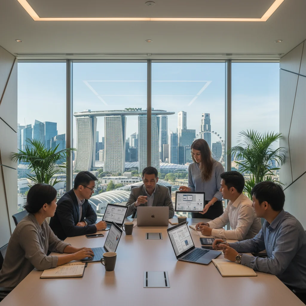 A photorealistic image of a diverse group of adults in a modern Singapore office setting, engaged in a professional discussion about online content guidelines, with subtle Singaporean landmarks like Marina Bay Sands visible through the window in the background, symbolizing navigation of content moderation rules.
