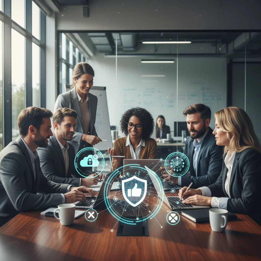 A photorealistic image of a diverse group of adults in a modern office setting, collaboratively reviewing digital guidelines on multiple screens, symbolizing the creation of effective moderation policies for online platforms. The atmosphere is professional and focused, with elements like laptops, notes, and subtle online community icons in the background, emphasizing safety and community management without any corporate documents visible.
