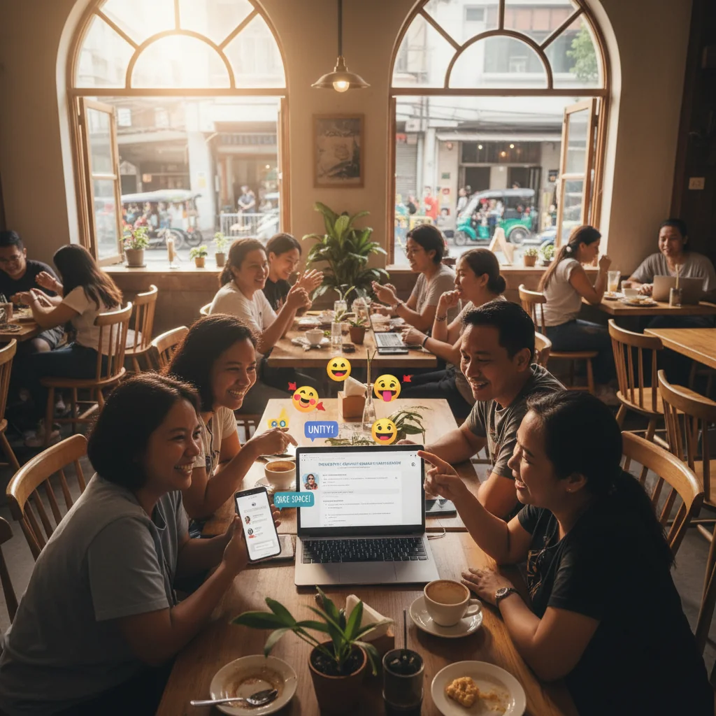 A photorealistic scene depicting diverse adults in a Philippine online community setting, such as people of various ages gathered around laptops and smartphones in a vibrant urban cafe in Manila, engaging in positive online discussions, symbolizing the impact of moderation policies on fostering safe and inclusive digital spaces.