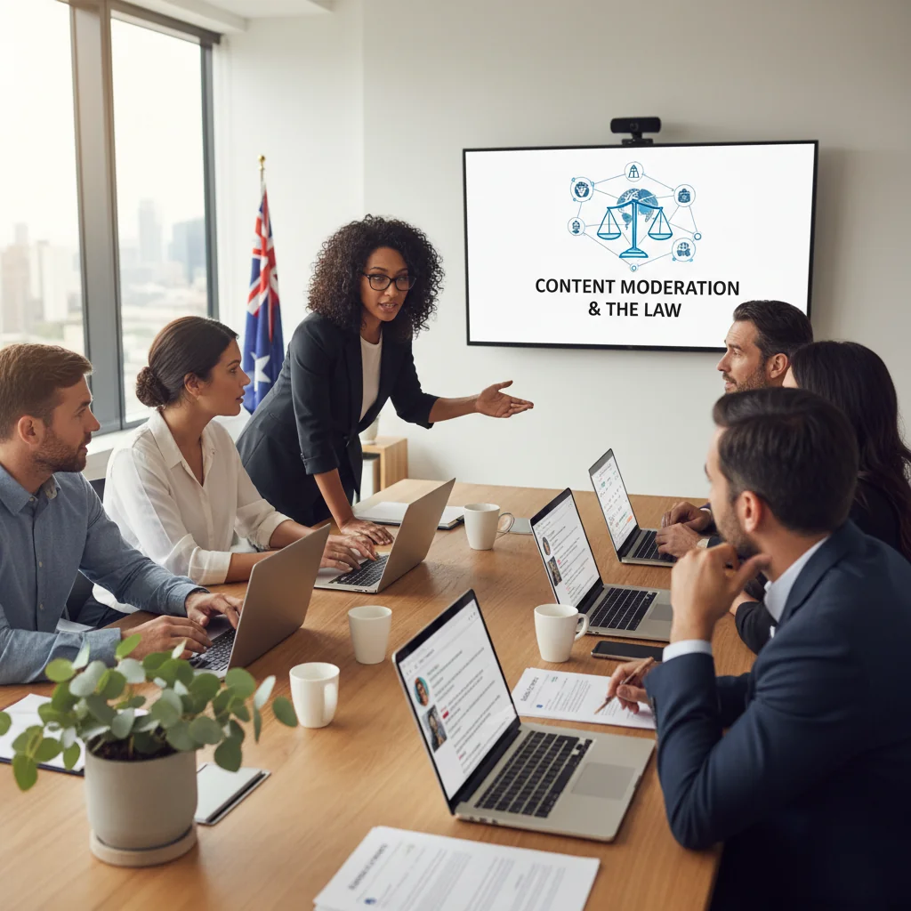 A photorealistic image of a diverse group of adults in a modern Australian office setting, engaged in a serious discussion about online content moderation. One person is pointing to a laptop screen displaying social media icons and a gavel symbolizing laws, with Australian landmarks like the Sydney Opera House visible through a window in the background. The atmosphere is professional and thoughtful, emphasizing the impact of regulations on digital platforms.