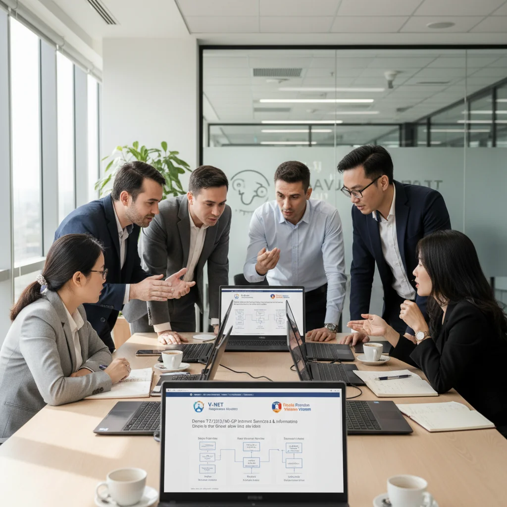 A photorealistic image of a diverse group of adults in a modern Vietnamese office setting, engaged in a professional discussion about online content moderation policies. They are reviewing digital screens showing web interfaces and regulatory documents, symbolizing understanding and compliance with Vietnam's online content censorship policies. The atmosphere is serious and collaborative, with elements like computers, notebooks, and subtle Vietnamese cultural motifs in the background. No children are present in the image.