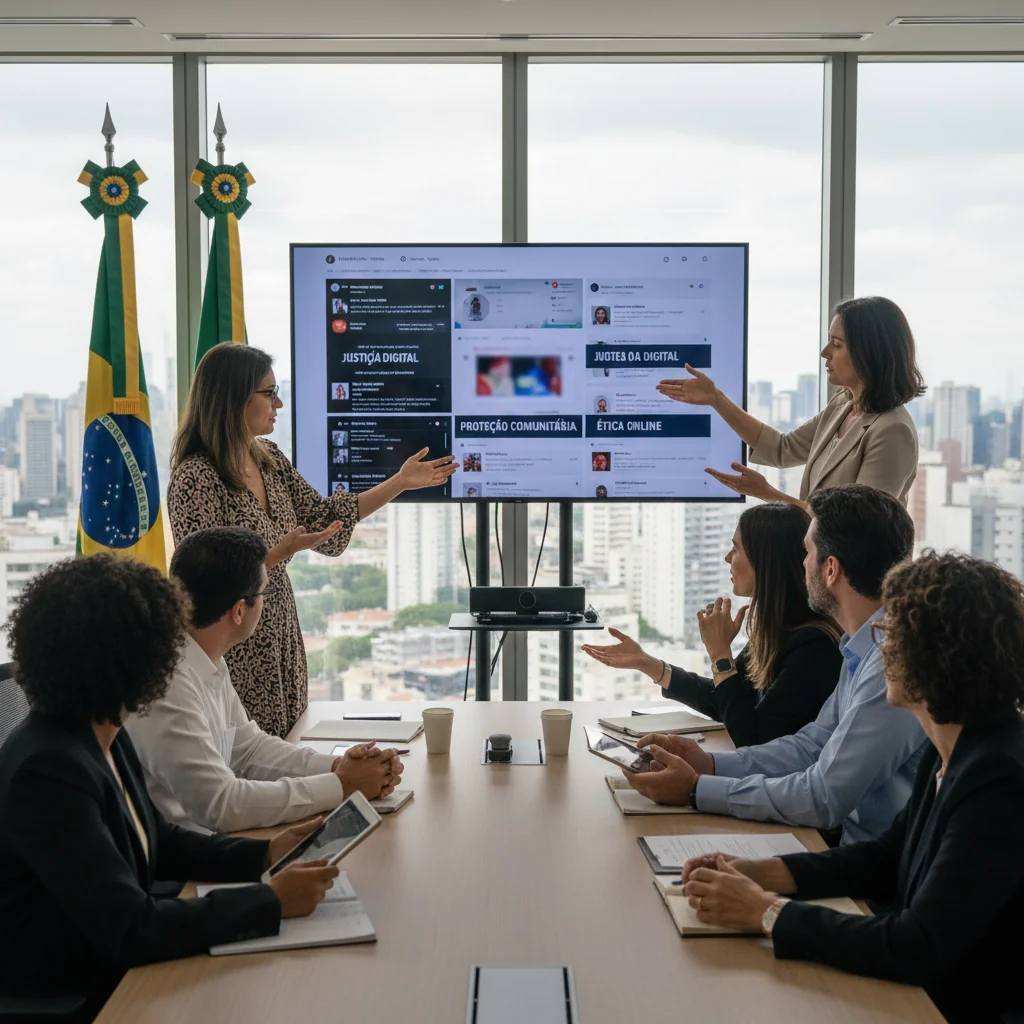 A photorealistic image depicting a diverse group of adults in a professional Brazilian setting, such as a modern conference room in Brasília or a community forum, engaged in a constructive discussion about online content moderation policies. They are reviewing digital screens showing social media interfaces with moderated comments, symbolizing fairness, transparency, and the importance of digital governance in Brazil. The atmosphere is collaborative and inclusive, highlighting the societal impact without focusing on documents. No children are present.