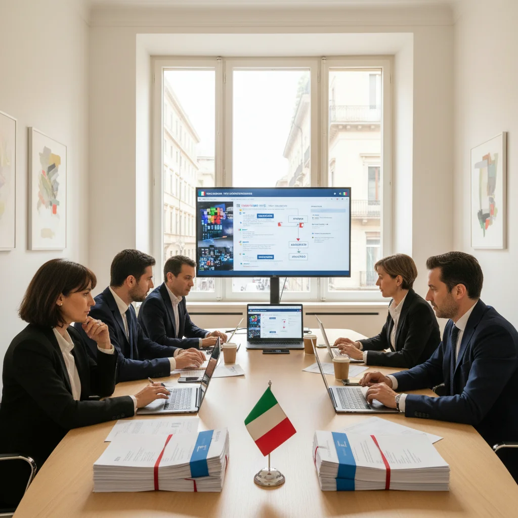 A photorealistic image depicting a diverse group of adults in a modern office setting, engaged in a discussion about online content moderation policies, with computer screens showing subtle icons of digital networks and legal documents in the background, symbolizing Italian regulations on online content without focusing on the document itself.