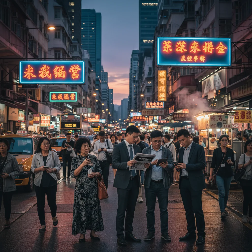 A photorealistic image symbolizing content censorship in Hong Kong, featuring a diverse group of adults in a modern urban setting, with subtle visual metaphors like blurred screens or redacted documents in the background, evoking themes of media regulation and freedom of expression without focusing on any corporate documents.
