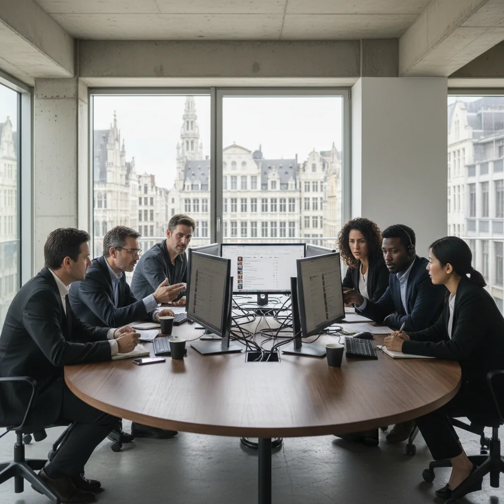 A photorealistic image representing online moderation principles in Belgium, featuring a diverse group of adults in a modern office setting in Brussels, discussing digital content on computers, with subtle Belgian flags or landmarks in the background, emphasizing safety and community guidelines without any corporate documents.