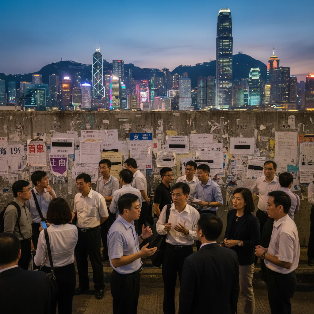 A photorealistic image symbolizing the historical evolution of content censorship policies in Hong Kong, featuring a diverse group of adults in a modern urban setting, with subtle elements like redacted documents, protest signs, and evolving city skyline in the background, evoking themes of freedom of expression and regulatory impact, no children present.