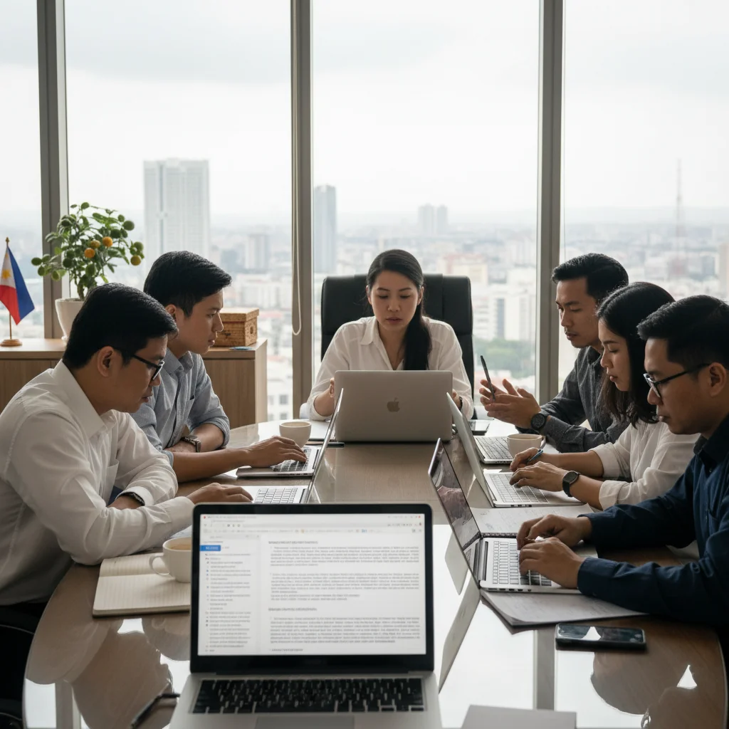 A photorealistic image of a diverse group of professionals in a modern Philippine office setting, reviewing compliance documents on computers and discussing regulations, symbolizing adherence to moderation policy regulations, with Philippine flag elements in the background, no children present.