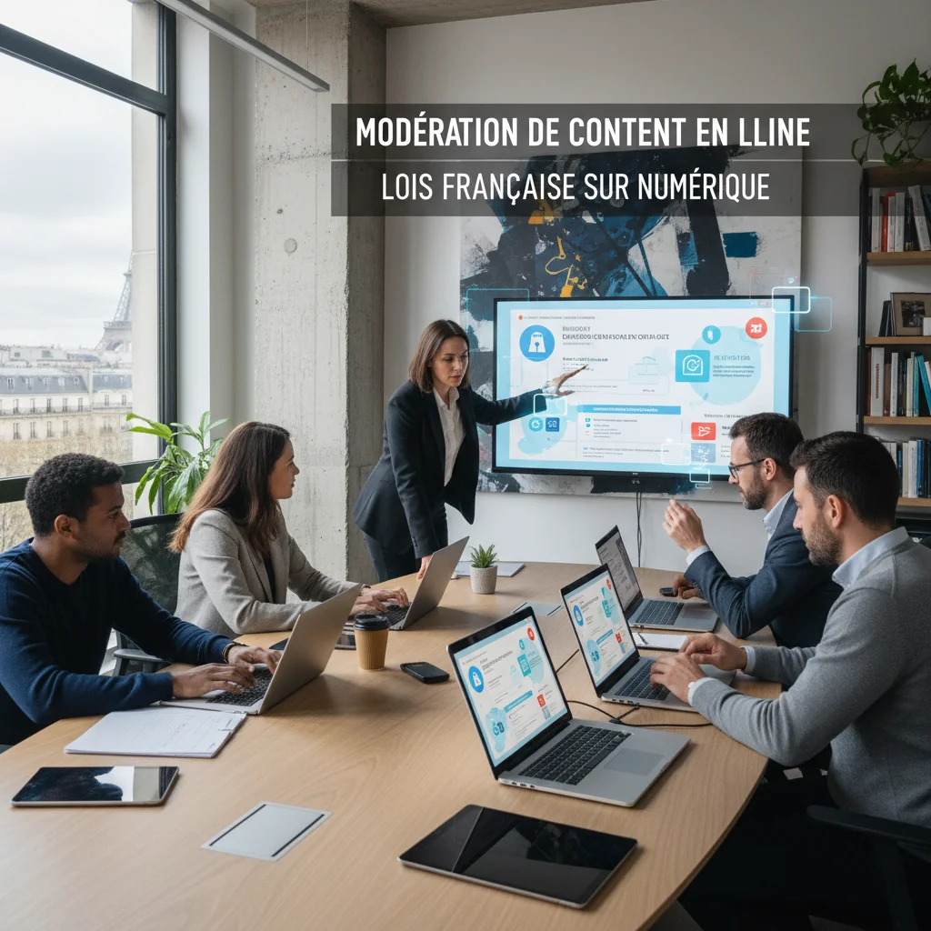 A photorealistic image depicting a diverse group of adults in a modern French office setting, engaged in a professional discussion about online moderation policies. They are looking at computer screens showing social media interfaces with moderated content symbols, evoking understanding and compliance with French online regulations. The atmosphere is serious and collaborative, with elements like the French flag subtly in the background. No children are present.