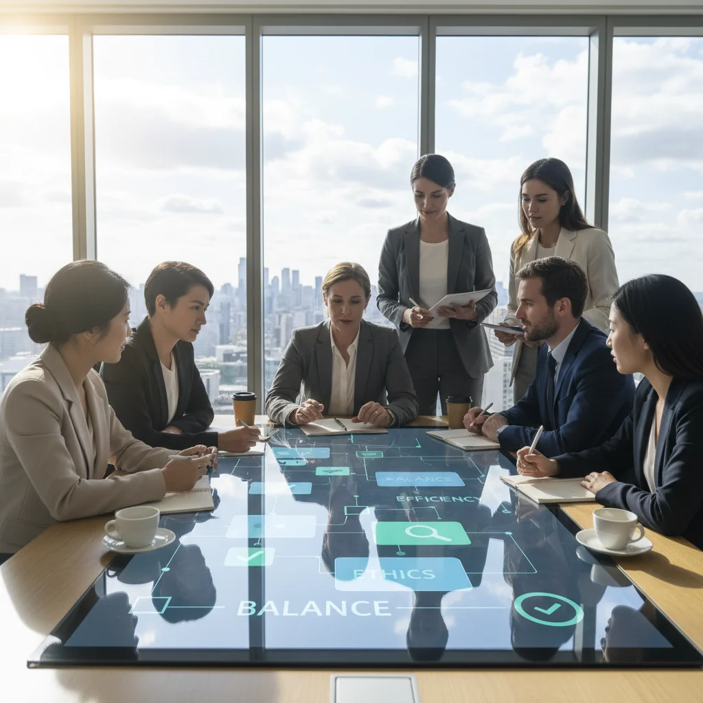A photorealistic image depicting a diverse team of professionals in a modern office setting, collaboratively reviewing and discussing guidelines on digital screens, symbolizing effective moderation policies without focusing on documents.