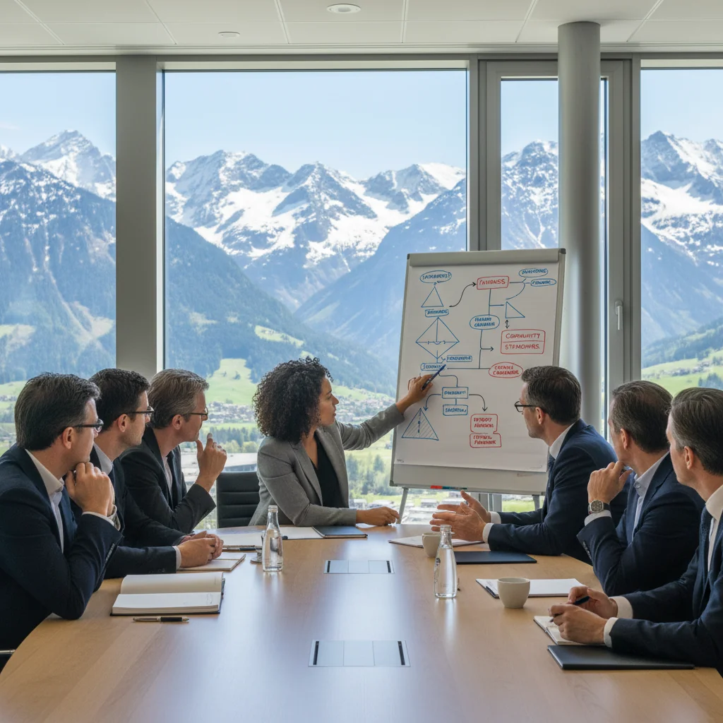 A photorealistic image representing moderation guidelines in Switzerland, showing a diverse group of adults in a professional meeting room in a Swiss office, discussing policies around a table with Swiss Alps visible through the window, symbolizing fair and structured community management.