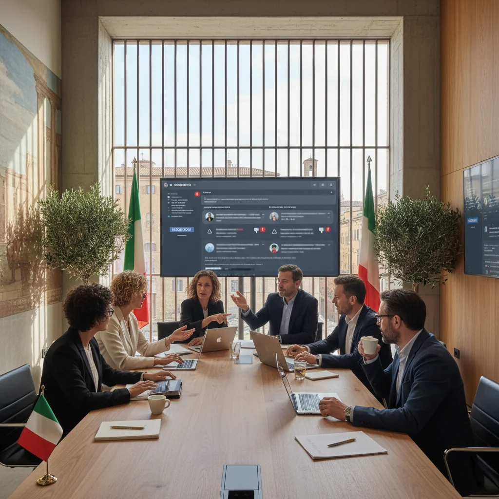 A photorealistic image of a diverse group of adults in a modern Italian office setting, engaged in a professional discussion about content moderation policies. They are reviewing digital screens showing social media interfaces with moderated content, symbolizing effective moderation practices in Italy. The atmosphere is collaborative and focused, with Italian elements like a map of Italy or subtle cultural motifs in the background. No children are present.