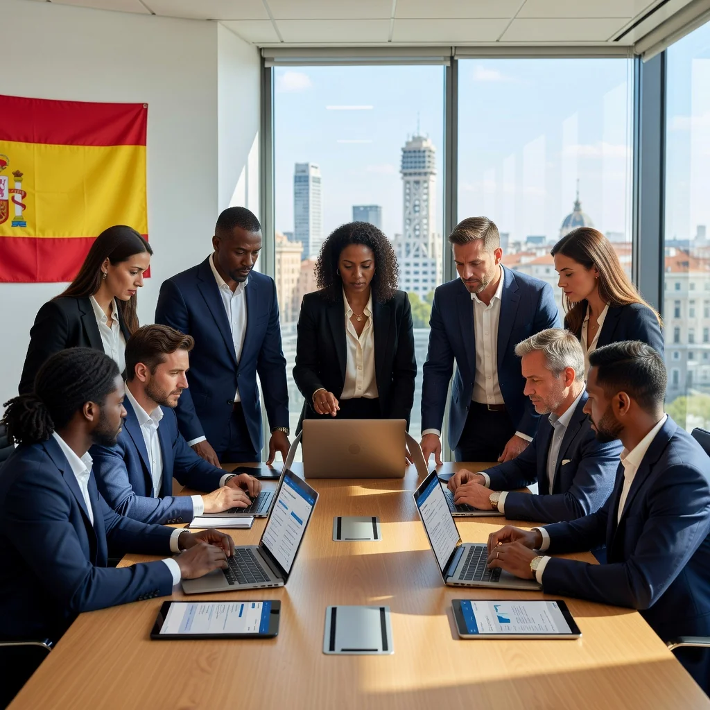A photorealistic image depicting a diverse group of professional adults in a modern Spanish office setting, engaged in a collaborative discussion about content moderation policies, with elements like computer screens showing safety icons, emphasizing effective implementation in Spain.