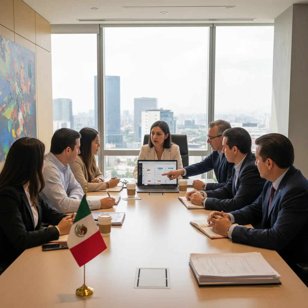 A photorealistic image depicting a diverse group of adult professionals in a modern Mexican office setting, engaged in a collaborative discussion about content moderation policies, with elements like computer screens showing social media interfaces and a flag of Mexico in the background, emphasizing safety and effective implementation without any focus on documents.