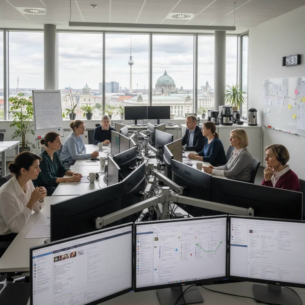 A photorealistic image representing content moderation policies in a German context, showing a diverse group of adults in a modern office setting reviewing digital content on computers, with subtle German flag elements in the background, emphasizing regulation and online safety without focusing on documents.