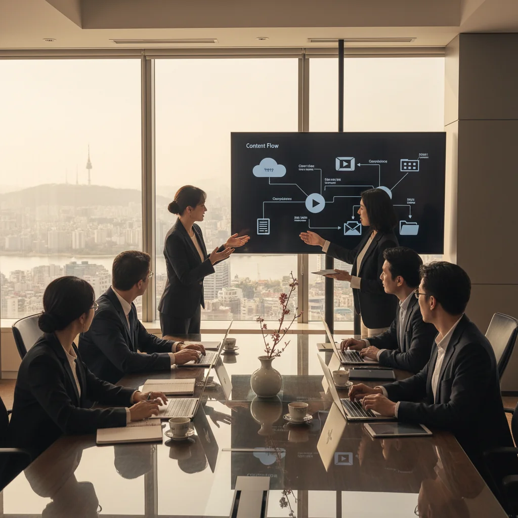 A photorealistic image of a professional business meeting in a modern South Korean office, with adults in business attire discussing content management strategies around a table with laptops and documents, symbolizing policy updates and responses in the digital content industry.