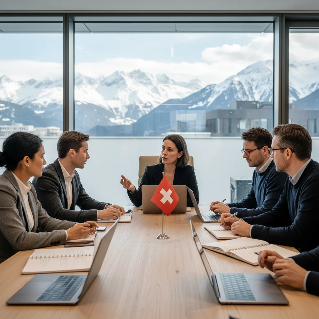 A photorealistic image depicting the concept of moderation policies in Switzerland, showing a diverse group of adults in a professional meeting room in a Swiss office setting, discussing guidelines with Swiss flags and mountain views in the background, symbolizing fair regulation and community standards without focusing on documents.