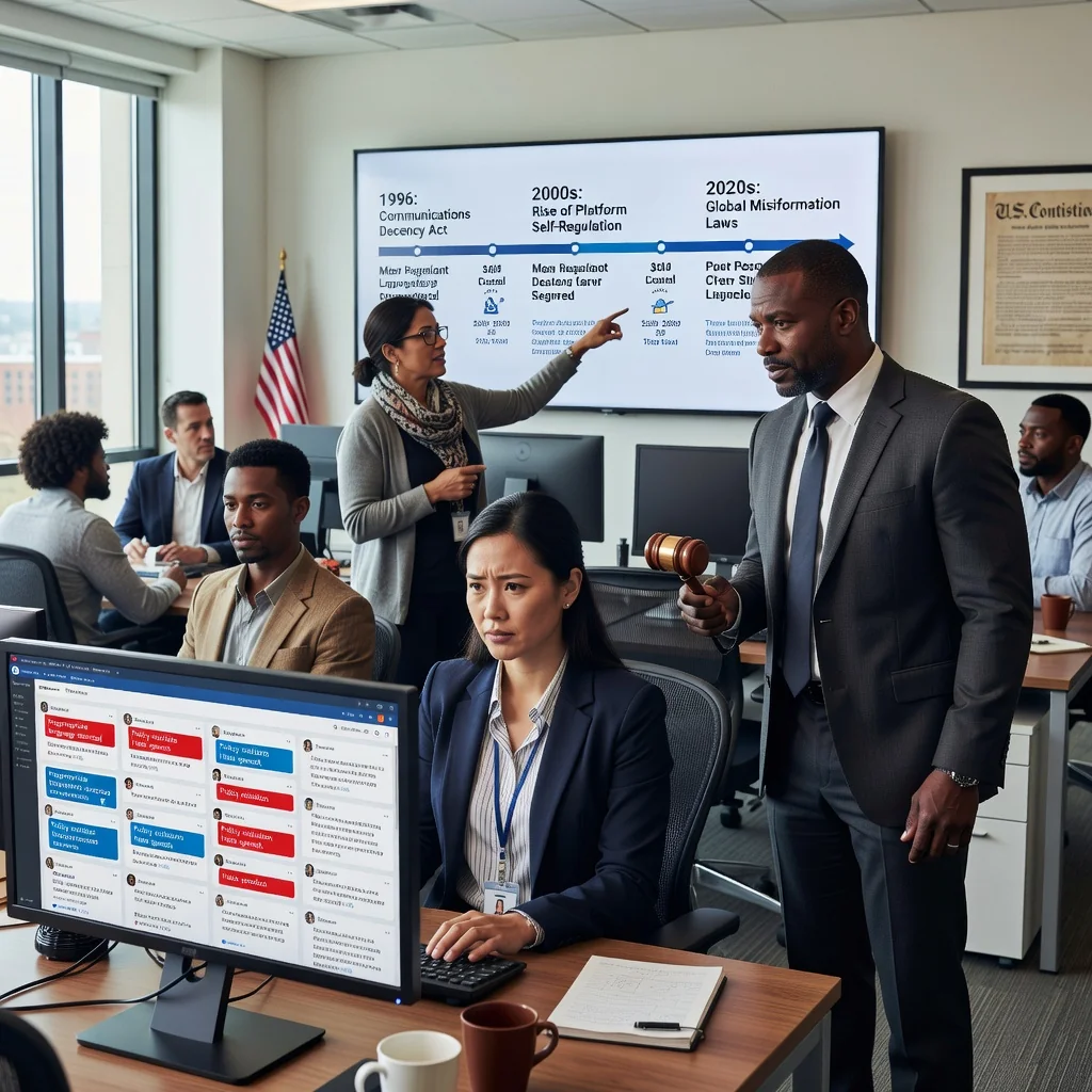 A photorealistic image depicting the evolution of content moderation in the USA, showing diverse adults in a modern digital environment: one person reviewing online posts on a computer screen displaying social media feeds with moderated comments, another holding a gavel symbolizing legal aspects, and a third pointing to a timeline graphic of policy changes, all in a professional office setting with American flag elements in the background.