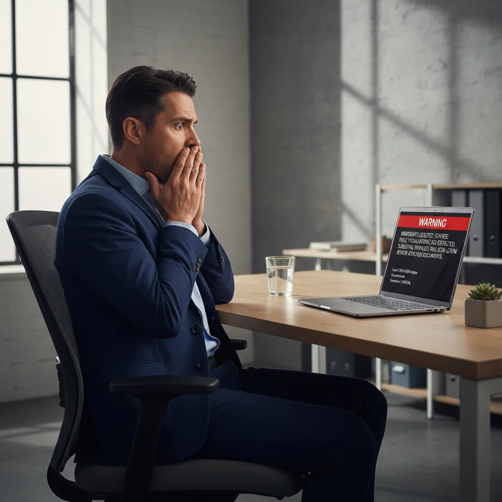 A photorealistic image depicting the serious legal consequences of violating a moderation policy, showing an adult professional looking distressed while reading a formal legal notice on a computer screen in an office setting, emphasizing accountability and repercussions without focusing on any document itself.