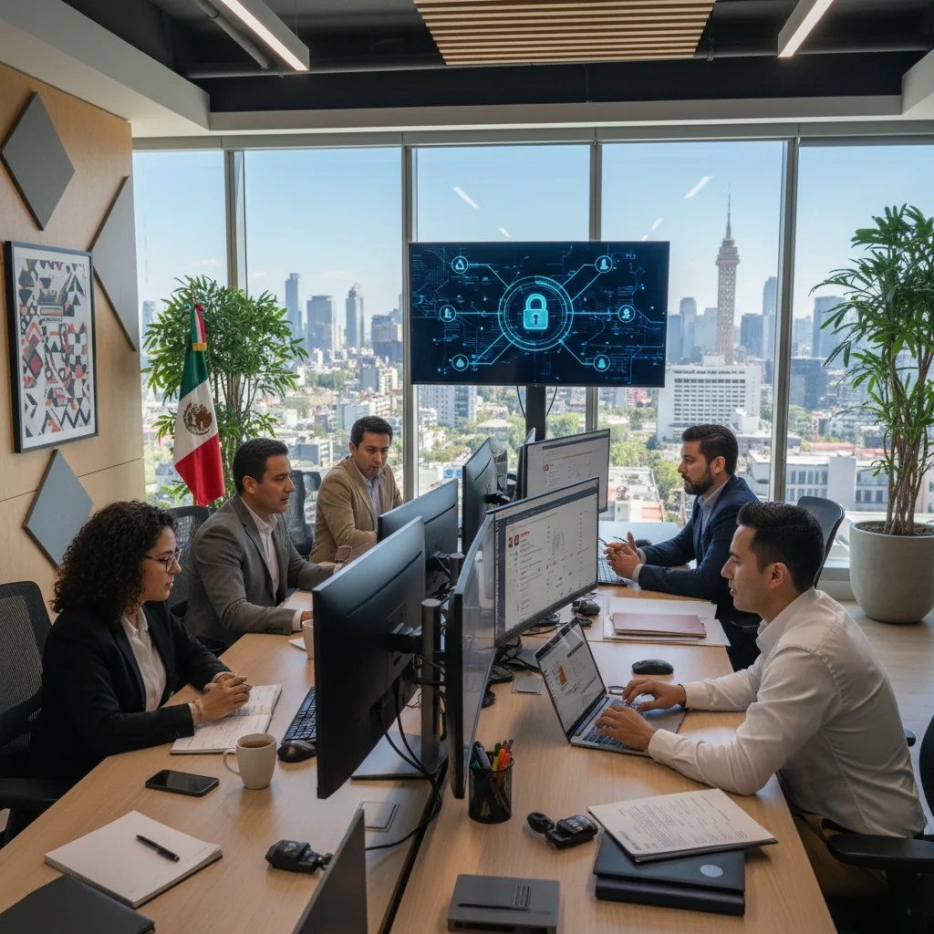 A photorealistic image depicting a diverse group of adult Mexican professionals in a modern office setting in Mexico City, collaboratively reviewing digital content on large screens to moderate social media posts, symbolizing the importance of moderation policies on Mexican platforms. The scene includes laptops, discussion, and subtle Mexican cultural elements like flags or landmarks in the background, conveying protection, responsibility, and community safety online.